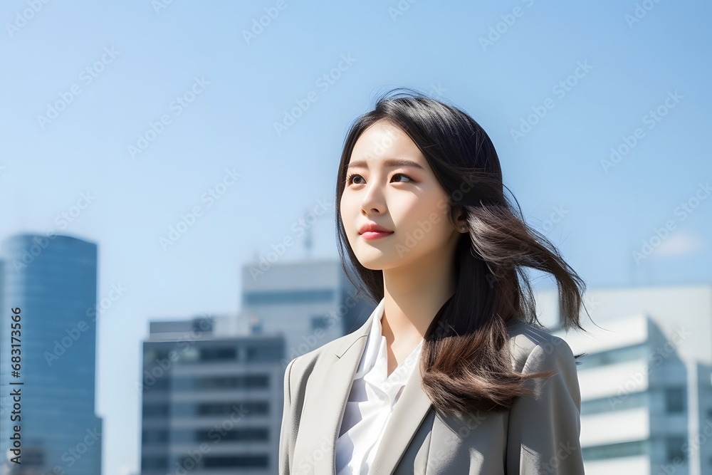 Confident businesswoman with long hair standing in front of a stunning city skyline as a symbol of success and ambition. Generative AI Confident businesswoman with long hair standing in front of a stunning city skyline as a symbol of success and ambition. Generative AI
