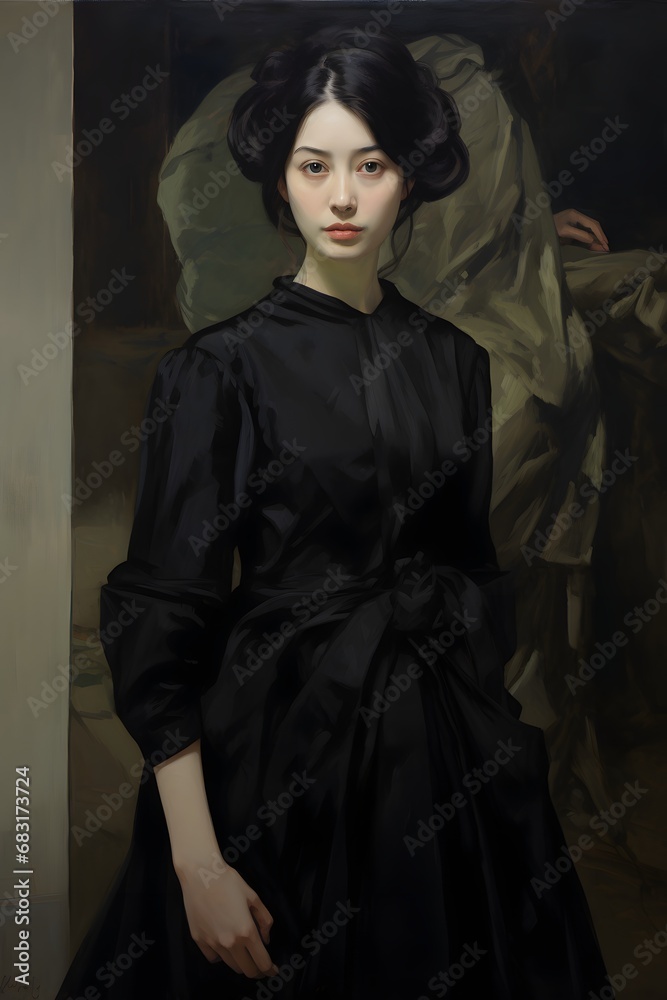 Elegant Woman in Black Dress Standing in Front of a Beautiful Painting in Art Gallery Generative AI