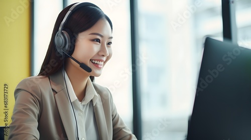 Happy Customer Service Representative Wearing Headset and Working on Computer in Call Center Office Generative AI