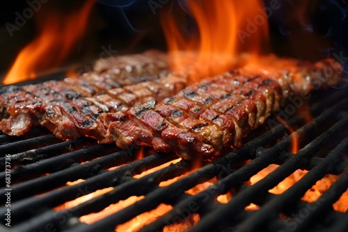 Grilled Meat with Flames in the Background - Delicious BBQ Food for Summer Gatherings and Outdoor Parties Generative AI