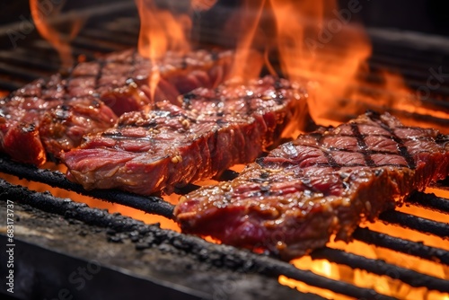 Juicy steaks sizzling on a fiery grill with flames in the background Generative AI