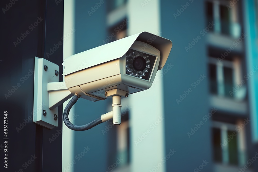 Outdoor Surveillance Camera Mounted on Pole Outside of Modern Building for Security Monitoring and Protection Generative AI Outdoor Surveillance Camera Mounted on Pole Outside of Modern Building for Security Monitoring and Protection Generative AI