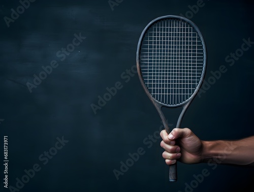 Focused Athlete Ready to Serve with Tennis Racket in Hand on Dark Background Generative AI