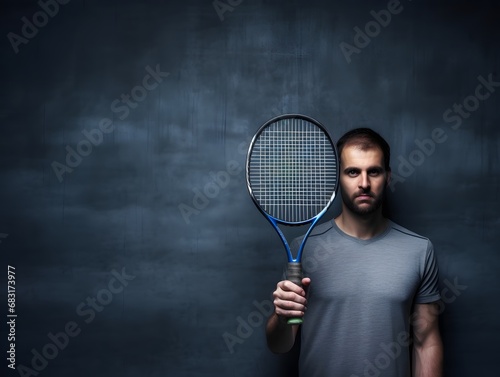 Focused young man with tennis racket standing against black background ready to play a match Generative AI © Jhanvi