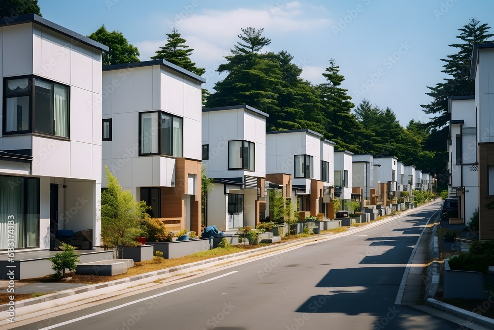 Quiet Neighborhood with Pedestrian Walking on Serene Street Lined with White Houses Generative AI Quiet Neighborhood with Pedestrian Walking on Serene Street Lined with White Houses Generative AI
