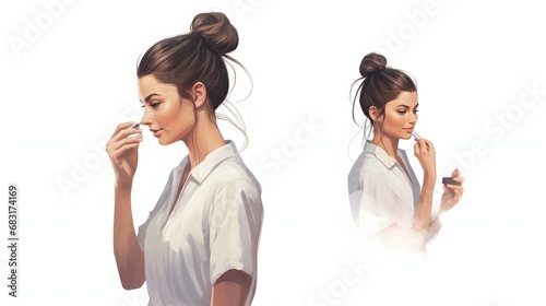 Confident young woman with ponytail wearing white shirt standing against a neutral background Generative AI