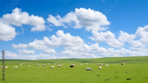 Idyllic Countryside Landscape with a Herd of Sheep Grazing on a Vast Green Field under a Clear Blue Sky Generative AI © Jhanvi