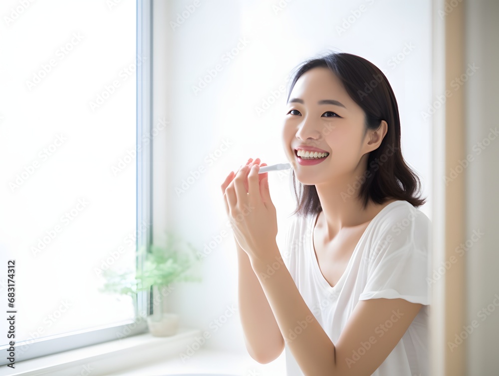 Morning Routine Woman Enjoying Fresh Start to the Day by Brushing Teeth in Front of Sunlit Window Generative AI Morning Routine Woman Enjoying Fresh Start to the Day by Brushing Teeth in Front of Sunlit Window Generative AI