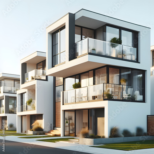 Modern modular private townhouses. Residential architecture exterior. Generative AI © slowlife kim