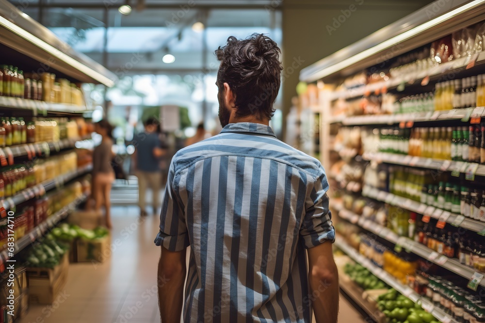 Confident man in striped shirt strolls down grocery aisle with shopping cart in hand Generative AI