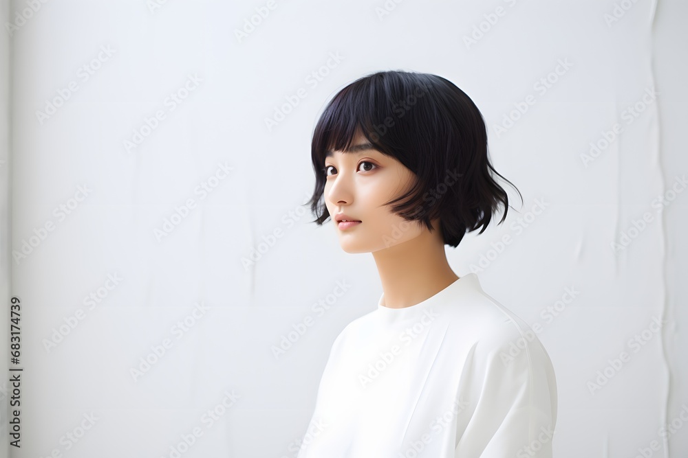 Confident young woman with short black hair wearing a white shirt standing against a neutral background Generative AI Confident young woman with short black hair wearing a white shirt standing against a neutral background Generative AI