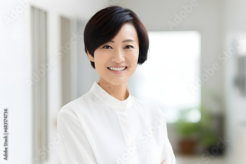 Confident young woman with arms crossed standing in a bright hallway wearing a white shirt and smiling Generative AI