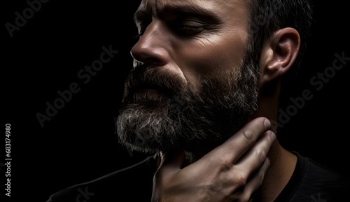 Bearded man in black shirt clutching his neck in pain and discomfort Generative AI