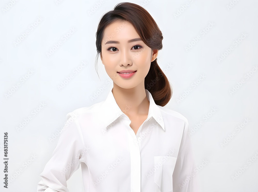 Confident young woman in a white shirt posing for a professional portrait with a serene expression. Generative AI Confident young woman in a white shirt posing for a professional portrait with a serene expression. Generative AI