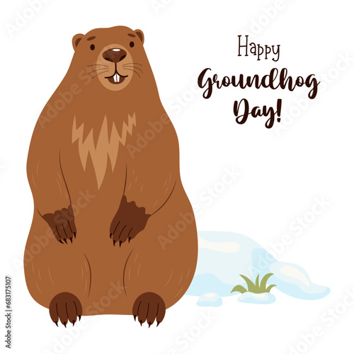 Cute animal marmot. Holiday card Happy Groundhog Day. February 2. Vector illustration.