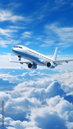 Commercial airliner soaring above fluffy white clouds in a clear blue sky Generative AI