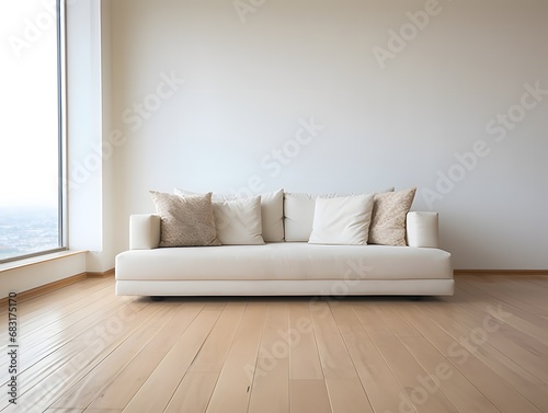 Comfortable Arafed Couch in a Bright Room with Wooden Flooring and Large Window for Natural Light Generative AI