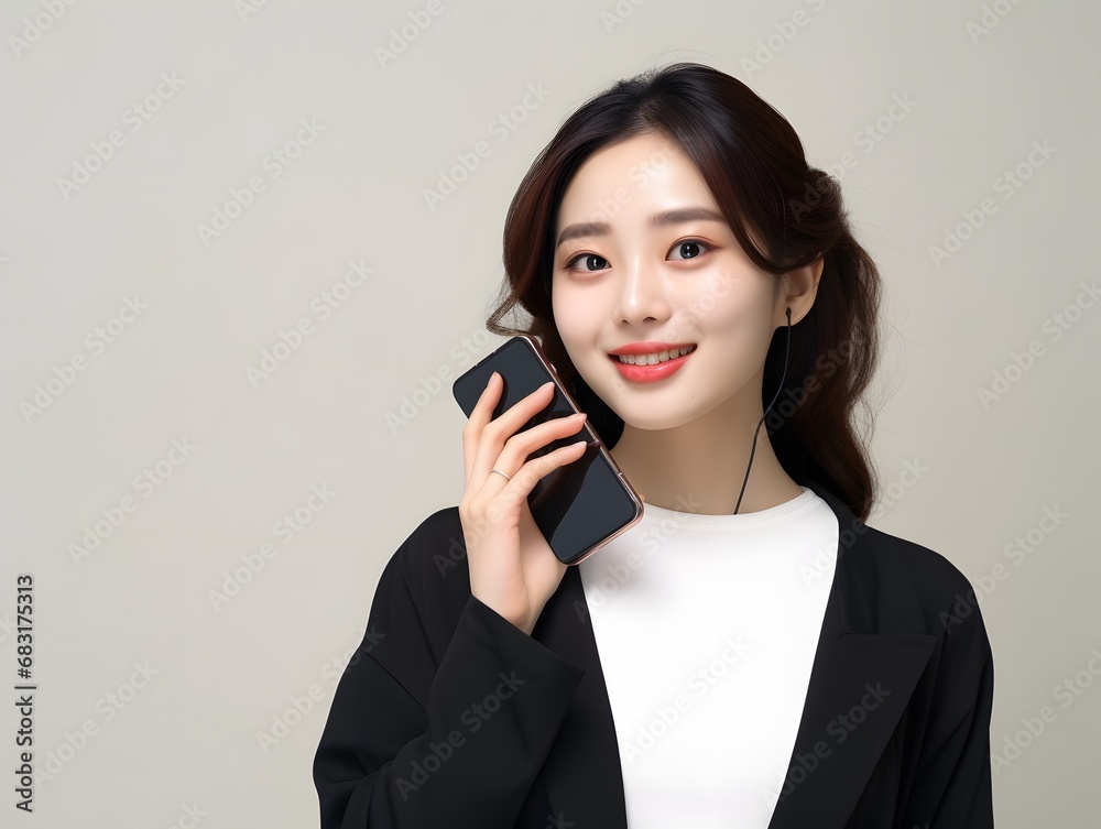 Stylish young woman in black jacket having a phone conversation on the go in the city Generative AI Stylish young woman in black jacket having a phone conversation on the go in the city Generative AI