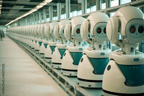 Assembly Line of Automated Robots in a Modern Industrial Factory with Large Windows and Natural Light Generative AI