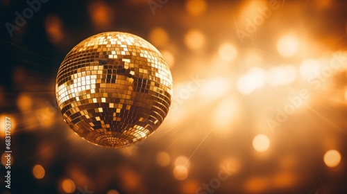 Shiny disco ball gold and colorful with bokeh background.