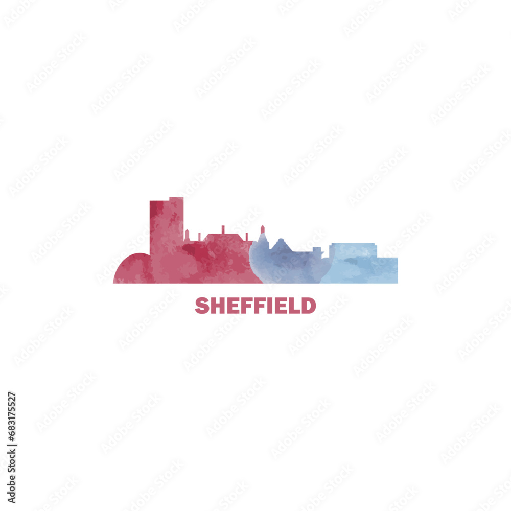 Sheffield city UK watercolor cityscape skyline panorama vector flat modern logo, icon. England, United Kingdom, South Yorkshire town emblem with landmarks and building silhouettes. Isolated graphic
