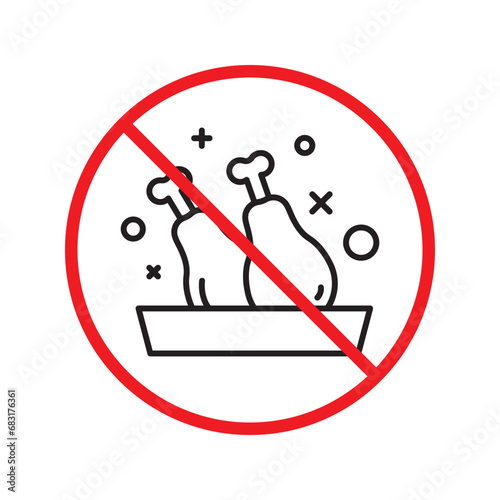 Forbidden chicken vector icon. Warning, caution, attention, restriction, label, ban, danger. No chicken flat sign design pictogram symbol. No chicken leg icon UX UI icon