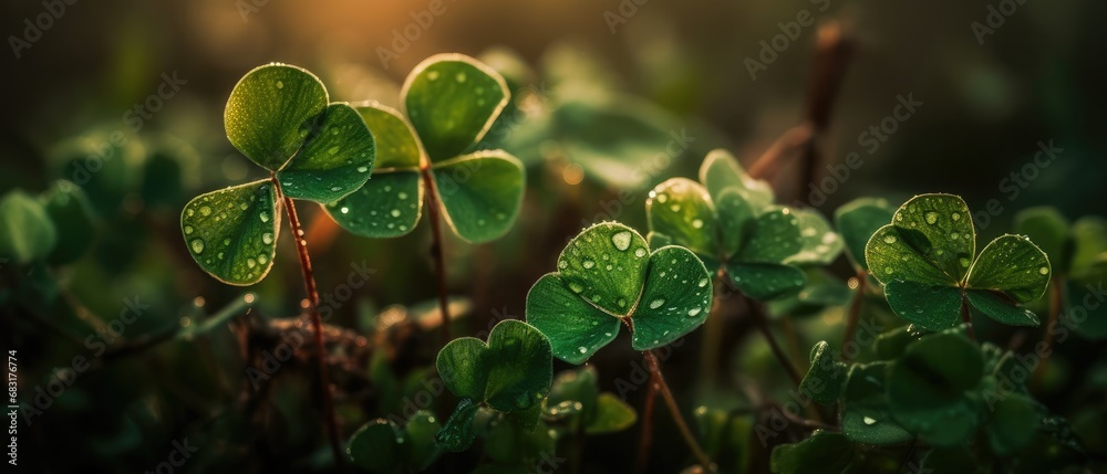 Close-up of dew-kissed clovers with a soft bokeh li Close-up of dew-kissed clovers with a soft bokeh li