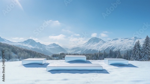winter podium, trio of white platforms contrasting with the azure sky and falling snow, Crisp and clean podium setup on a snowy expanse