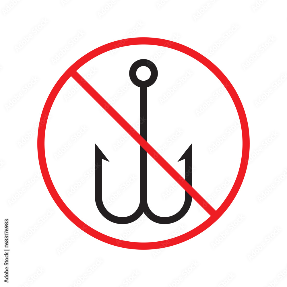 Forbidden fish hook vector icon. Warning, caution, attention, restriction, label, ban, danger. No fishing hook flat sign design pictogram symbol. No fishing hook icon Forbidden fish hook vector icon. Warning, caution, attention, restriction, label, ban, danger. No fishing hook flat sign design pictogram symbol. No fishing hook icon