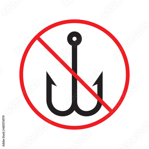 Forbidden fish hook vector icon. Warning, caution, attention, restriction, label, ban, danger. No fishing hook flat sign design pictogram symbol. No fishing hook icon