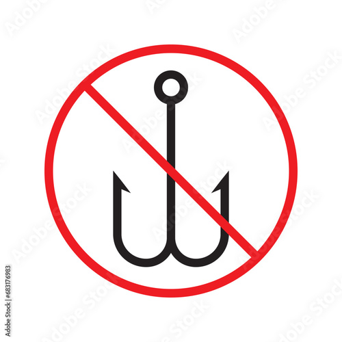 Forbidden fish hook vector icon. Warning, caution, attention, restriction, label, ban, danger. No fishing hook flat sign design pictogram symbol. No fishing hook icon
