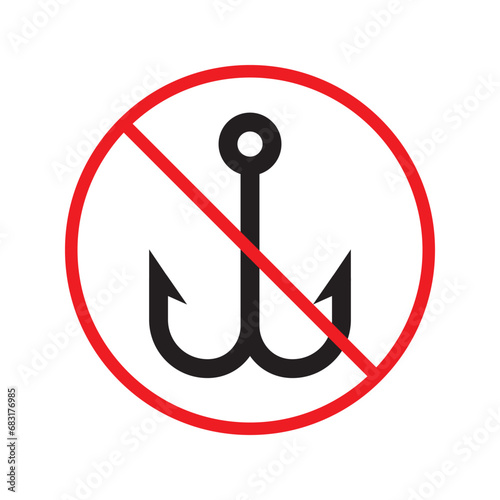 Forbidden fish hook vector icon. Warning, caution, attention, restriction, label, ban, danger. No fishing hook flat sign design pictogram symbol. No fishing hook icon