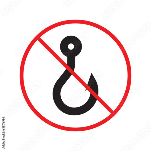 Forbidden fish hook vector icon. Warning, caution, attention, restriction, label, ban, danger. No fishing hook flat sign design pictogram symbol. No fishing hook icon