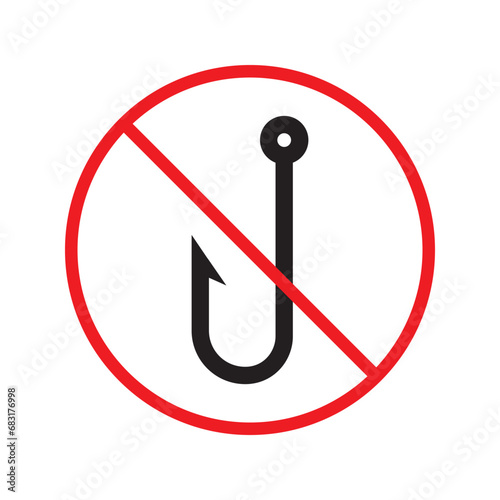 Forbidden fish hook vector icon. Warning, caution, attention, restriction, label, ban, danger. No fishing hook flat sign design pictogram symbol. No fishing hook icon