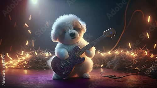 Cute little dog playing the guitar at a concert. Created with Generative AI.	
 photo