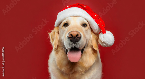 Cheerful Golden retriever in Christmas Hats - Creative Animal Concept on green Isolated Background © Head