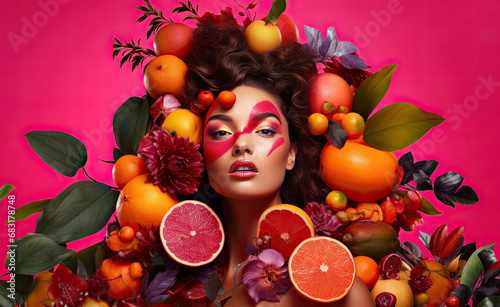 Portrait of a beautiful model with fresh exotic fruits. Skin and hair product. Organic cosmetics