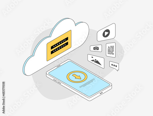 Secure cloud and file backup services. Online cloud storage backup for emails, photos, personal data and documents. Outline vector illustration isolated on white background with icons