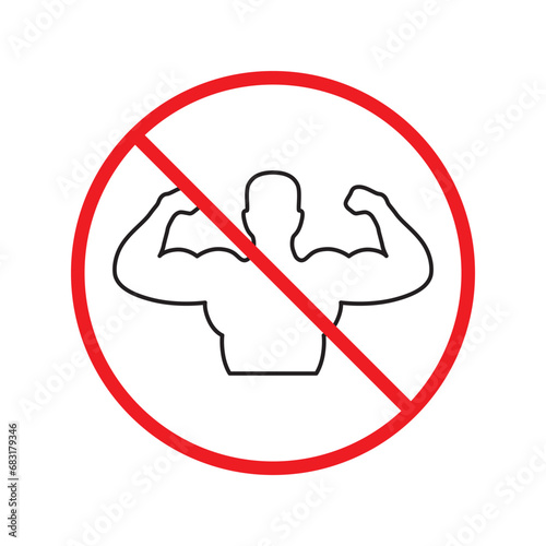 Forbidden muscle vector icon. Warning, caution, attention, restriction, label, ban, danger. No bodybuilder flat sign design pictogram symbol. No biceps icon