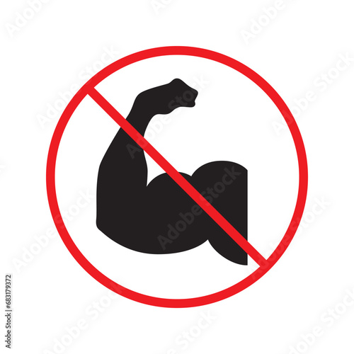 Forbidden muscle vector icon. Warning, caution, attention, restriction, label, ban, danger. No bodybuilder flat sign design pictogram symbol. No biceps icon