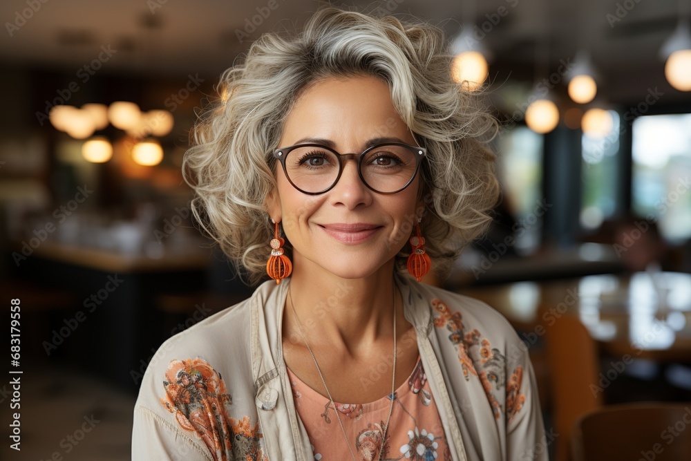 Smiling woman in eyeglasses standing in cafe and looking at camera Smiling woman in eyeglasses standing in cafe and looking at camera