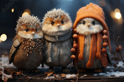 three cute little birds hedgehogs christmas vibes photo