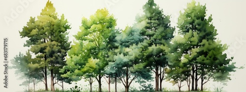 Serene Watercolor Painting of Trees on a Grassy Field