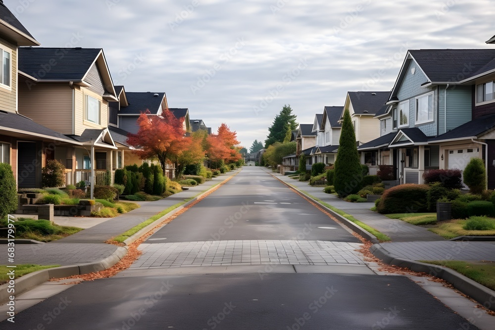 Quiet Suburban Neighborhood with Lush Trees and Charming Houses Lining the Street Generative AI