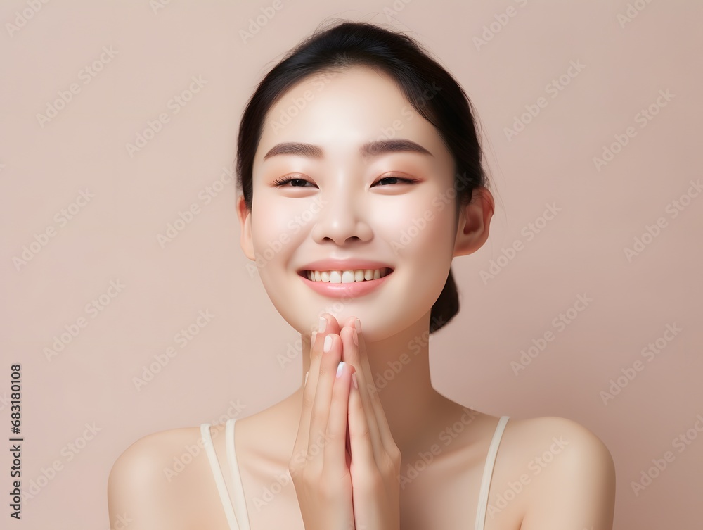 Happy woman with folded hands in prayer position against a vibrant pink backdrop Generative AI Happy woman with folded hands in prayer position against a vibrant pink backdrop Generative AI