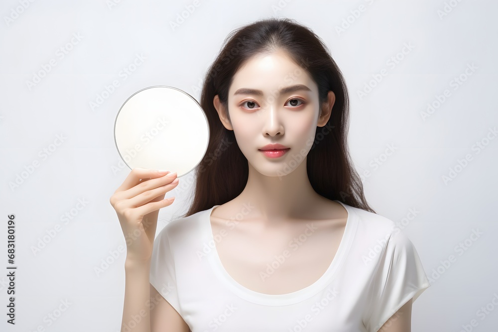 Beautiful young woman admiring her reflection in a handheld mirror with a serene expression on her face. Generative AI Beautiful young woman admiring her reflection in a handheld mirror with a serene expression on her face. Generative AI
