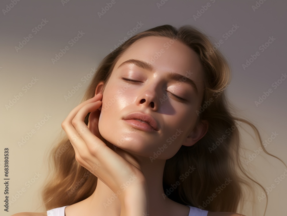 Fototapeta premium Serene blonde woman with closed eyes and flowing hair posing for a peaceful portrait in natural light. Generative AI