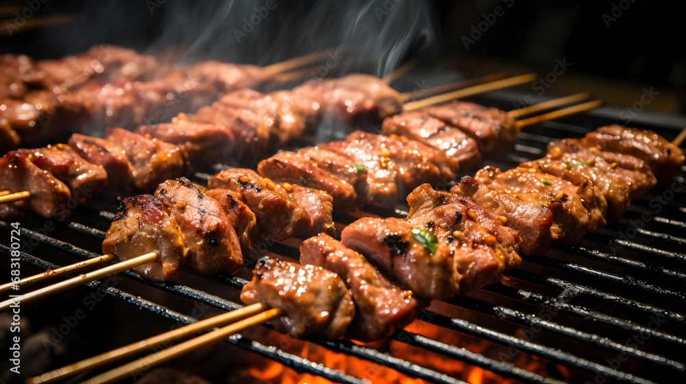 Delicious Grilled Skewered Meat on a Sizzling Hot Barbecue Grill Outdoors with Smoke and Flames in the Background. Generative AI