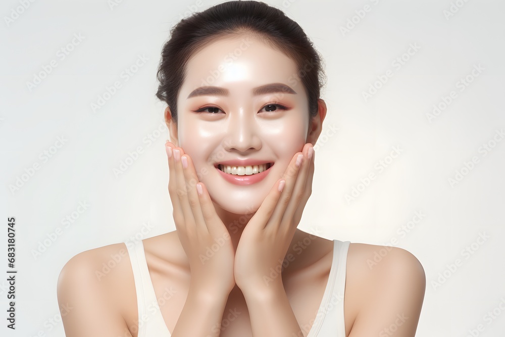 Happy woman with a joyful expression holding her face with both hands in excitement and delight Generative AI Happy woman with a joyful expression holding her face with both hands in excitement and delight Generative AI