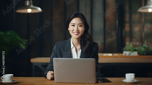 Confident Businesswoman in Formal Attire Smiling While Working on Laptop at Desk in Modern Office Setting Generative AI